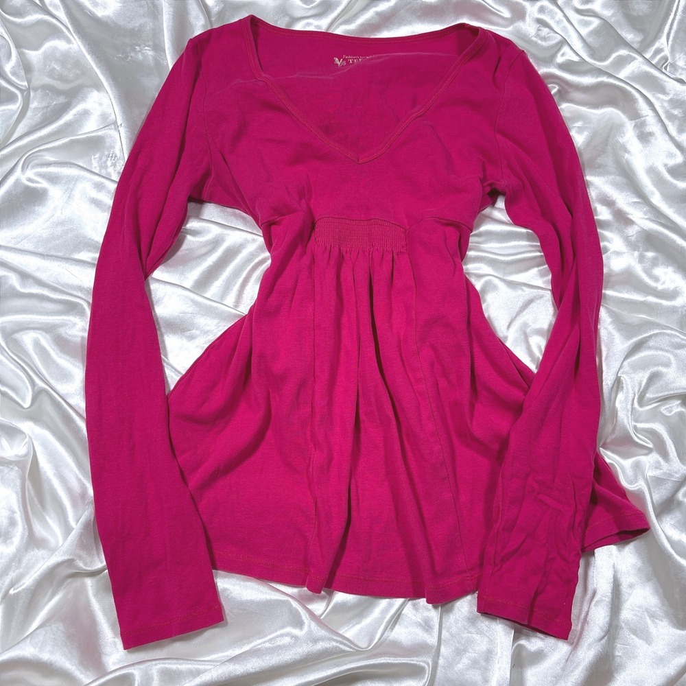 y2k Victoria's Secret Tee Shop Top Pink Excellent Babydoll Smocked V-Neck Medium